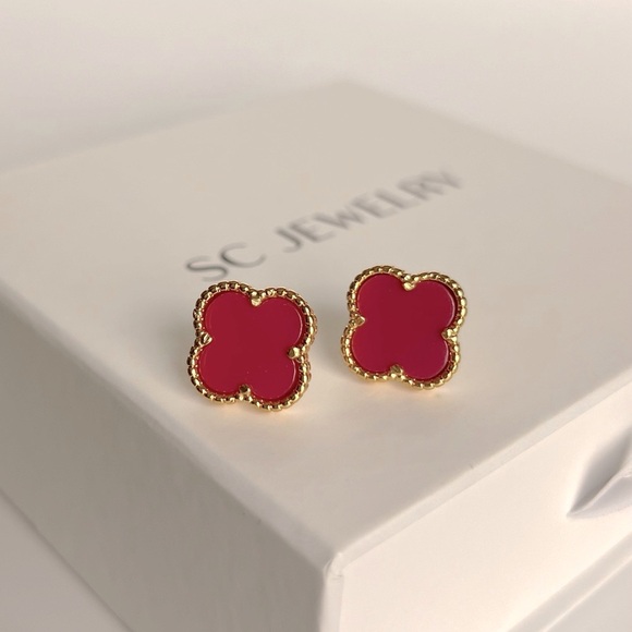 Rose Red Clover Stud Earrings Onyx Stone Luxury Jewelry - Picture 2 of 11